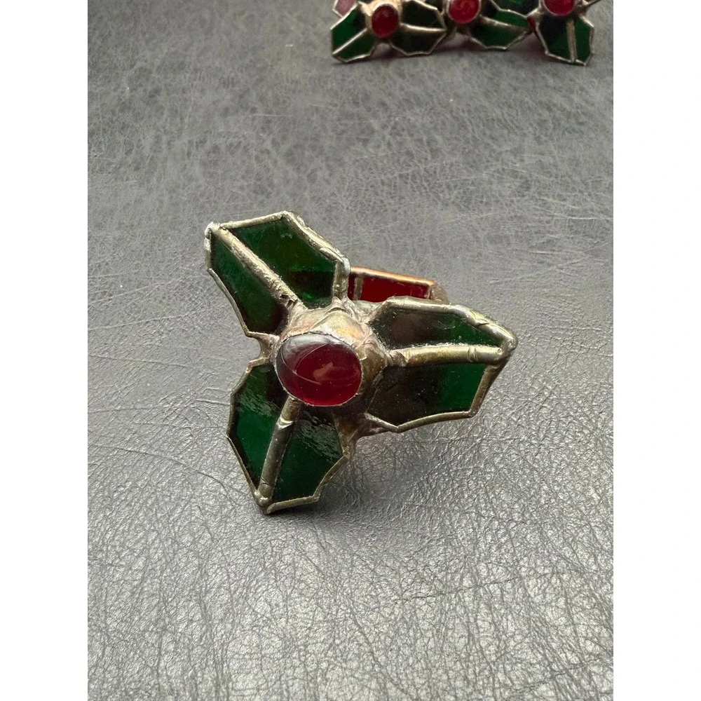 Vintage 1991 Signed Stained Glass Holly Berry Napkin Rings Set of 4 Christmas‎